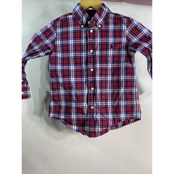 Ralph Lauren Polo Red Blue Plaid Pony Logo Button Long Sleeve Shirt Boys 4/4T - Picture 1 of 9